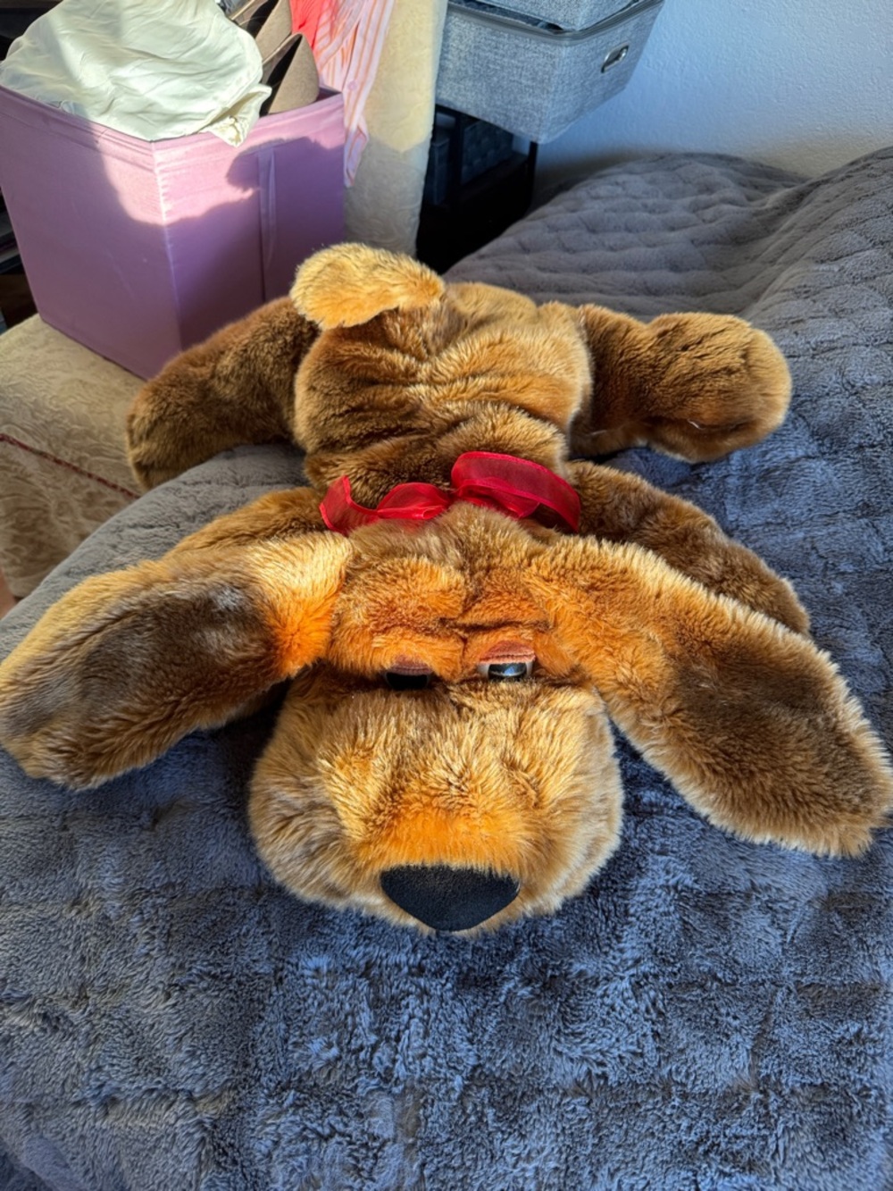 Plush Brown Dog with Red Bow Toy